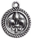 Small Rope Edge Disk Fleur De Lis Charm in Antique Silver Pewter