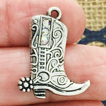 Small Cowboy Boot Charm in Antique Silver Pewter with Crystal Accents