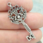 Key Charm in Antique Silver Pewter with Ornate Design