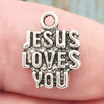 Charm Jesus Loves You in Antique Silver Pewter