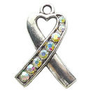 Awareness Ribbon Charm with Clear Crystal AB in Antique Silver Pewter Medium