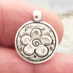 Disk with Flower Charm in Antique Silver Pewter