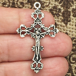 Ornate Crucifix Cross Charm in Antique Silver Pewter