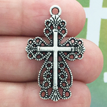 Filigree Cross Charm in Antique Silver Pewter