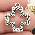 Cutout Cross Charm with Scroll Accents in Antique Silver Pewter Large