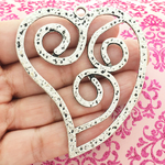 Open Heart Pendant with Scroll Design in Silver Pewter