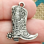 Cowboy Boot Charms Wholesale in Antique Silver Pewter with Clear Crystal Accents