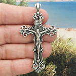 Large Ornate Crucifix Cross Pendant in Silver Pewter