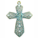 Large Rose and Crystal Cross Pendant in Antique Gold and Oxidized Blue Pewter