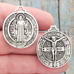 St Benedict Medal Pendant with Crucifix in Silver Pewter Medium