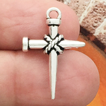 Nail Cross Charm with Rope Tie in Silver Pewter Small
