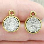 St Benedict Medal in Antique Silver and Gold Pewter Tiny