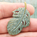 Feather Pendant in Antique Gold and Oxidized Turquoise Pewter