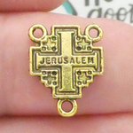 Jerusalem Cross Rosary Center in Antique Gold Pewter