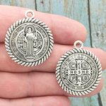 St Benedict Medal Pendant with Rope Trim in Antique Silver Pewter 