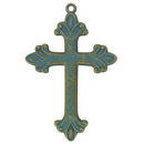 Cross Charm Pendant Large with Fleur De Lis Style Tips in Antique Brass and Turquoise Pewter