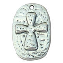 Hammered Silver Cross Charm on Oval Disk in Silver Pewter