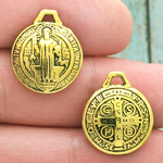 St Benedict Medal Puffed Charm Double Sided in Gold Pewter 