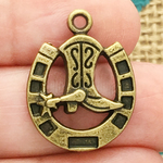Horseshoe with Cowboy Boot Charm in Antique Bronze Pewter