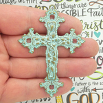 Large Ornate Gold Cross Pendants Wholesale in Pewter with Turquoise Oxidation