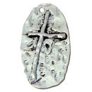 Large Oval Silver Pewter Hammered Cross Pendant