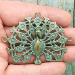 Bird Peacock Pendant in Antique Gold Turquoise Pewter Large
