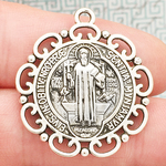 St Benedict Medal Pendant Double Sided with Ornate Scroll Trim in Antique Silver Pewter  Large