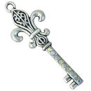 Silver Key Charm with Fleur De Lis Charm Design and AB Crystal in Pewter