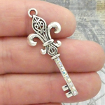 Fleur De Lis Key Pendant with AB Crystal in Silver Pewter