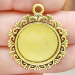 Filigree Round Photo Charm in Antique Gold Pewter Picture Charm