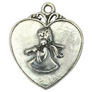 Kneeling Angel Pendant with Horn in Silver Pewter on a Large Heart