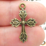 Bronze Cross Charm with Leaf Design in Pewter