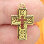 Cut Out Cross Charm with Vine Accents in Gold Pewter