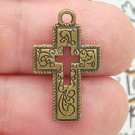 Cut Out Cross Charm with Vine Accents in Bronze Pewter