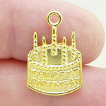 Happy Birthday Cake Charm in Gold Pewter