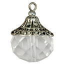 Clear Crystal Pendant with Ornate Bead Cap in Silver Pewter