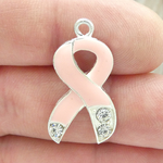 Pink Awareness Ribbon Charms Bulk with Clear Crystals in Silver Pewter