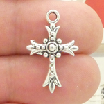 Silver Orthodox Cross Charm with Bead Design in Pewter