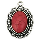 Oval Red Jasper Pendant with Lace and Bead Bezel in Silver Pewter