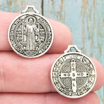 Silver St Benedict Medal Pendant in Pewter Medium