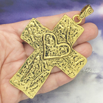 Gold Hammered Cross Pendant with Heart Accent in Pewter