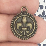Bronze Fleur De Lis Charm in Pewter with Rope Edge