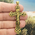 Ornate Gold Crucifix Pendant Necklace in Pewter