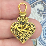 Filigree Gold Heart Necklace in Pewter with Flower Design