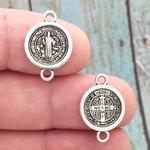 Silver St Benedict Medal Charm Bracelet Connector in Pewter