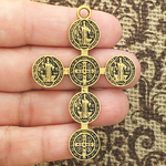 Gold St Benedict Cross Pendant Necklace in Pewter