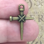 Crossed Nail Cross Charm Pendant in Bronze Pewter Small