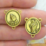 Gold Praying Hands Rosary Center in Pewter