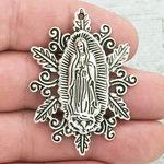 Ornate Mother Mary Oval Lady of Guadalupe Charm in Antique Silver Pewter