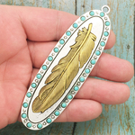 Gold Feather Pendant Silver Pewter and Turquoise Accents